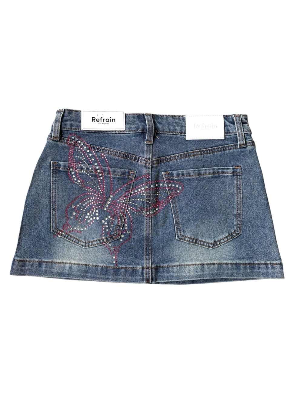 NWT Refrain 5/27 Embellished Denim Mini Skirt with Butterfly Rhinestones